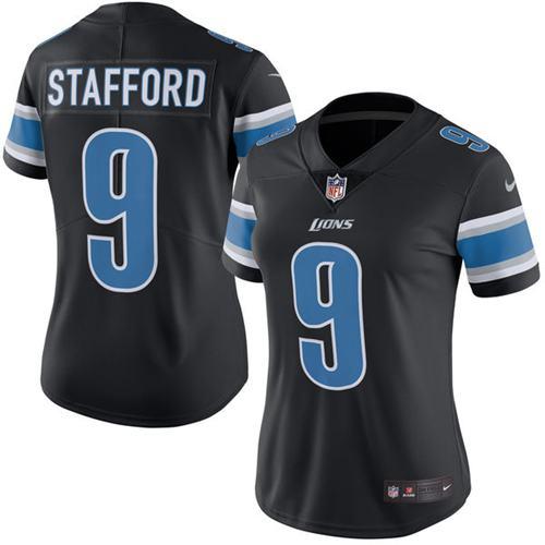 Nike Lions #9 Matthew Stafford Black Women's Stitched NFL Limited Rush Jersey